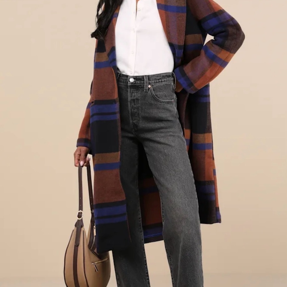 Avec Les Filles Brown and Blue Plaid Open Front Coat
